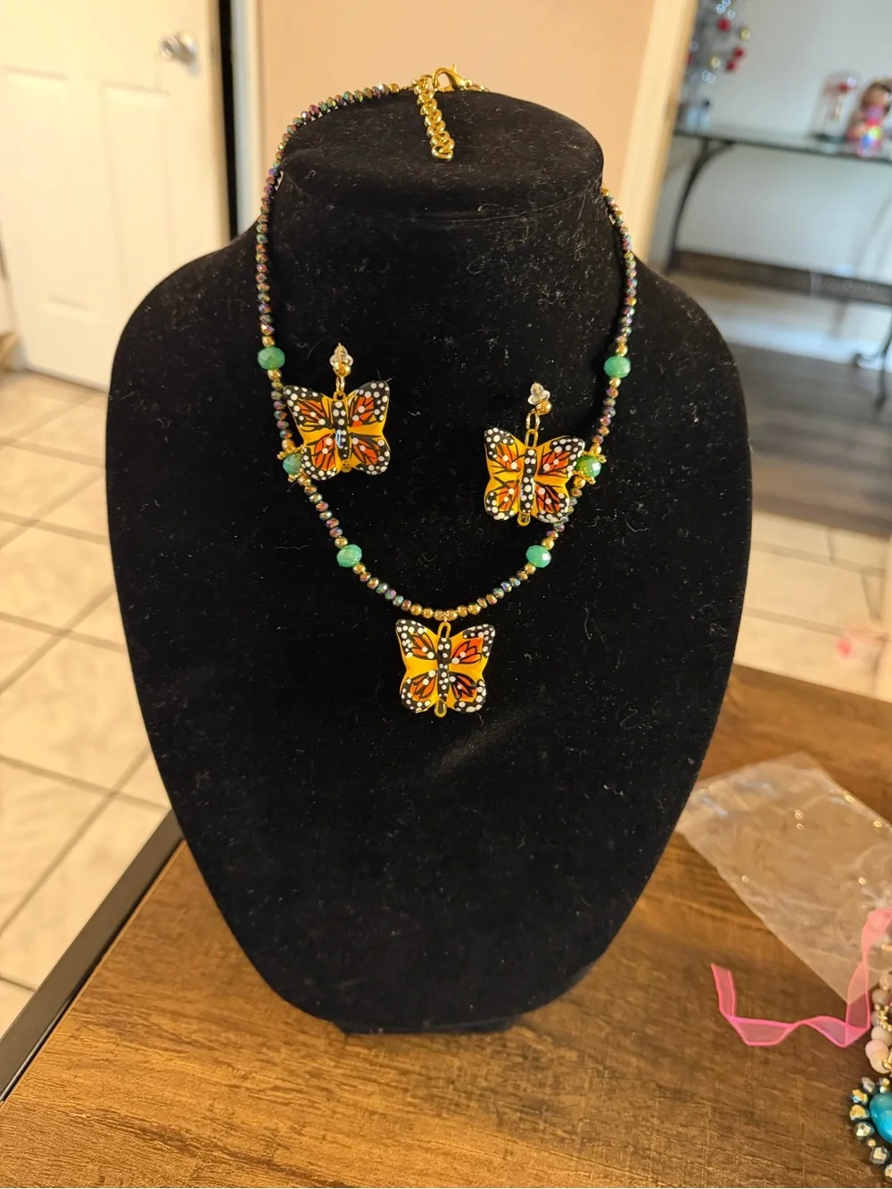 Hand-Painted Yellow Butterfly Necklace and Earring Set